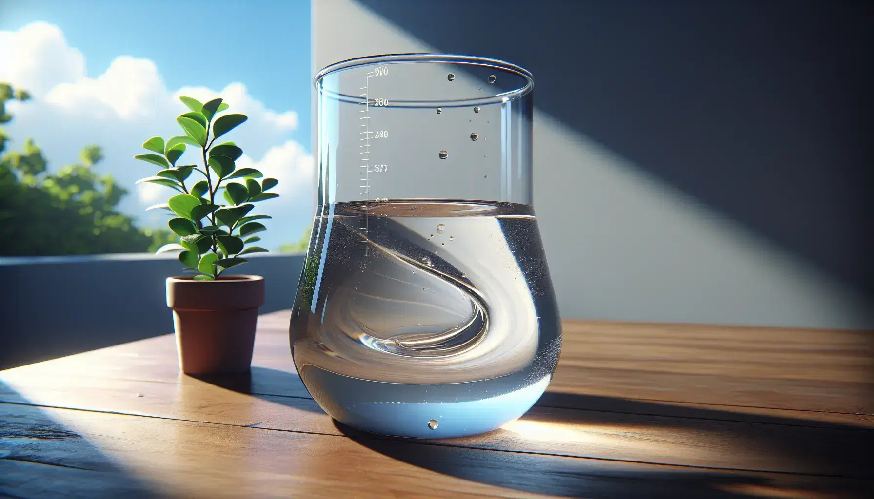 Glass beaker with water on wooden table, green plant in terracotta pot and spherical flask with ice, blue sky and lake background.