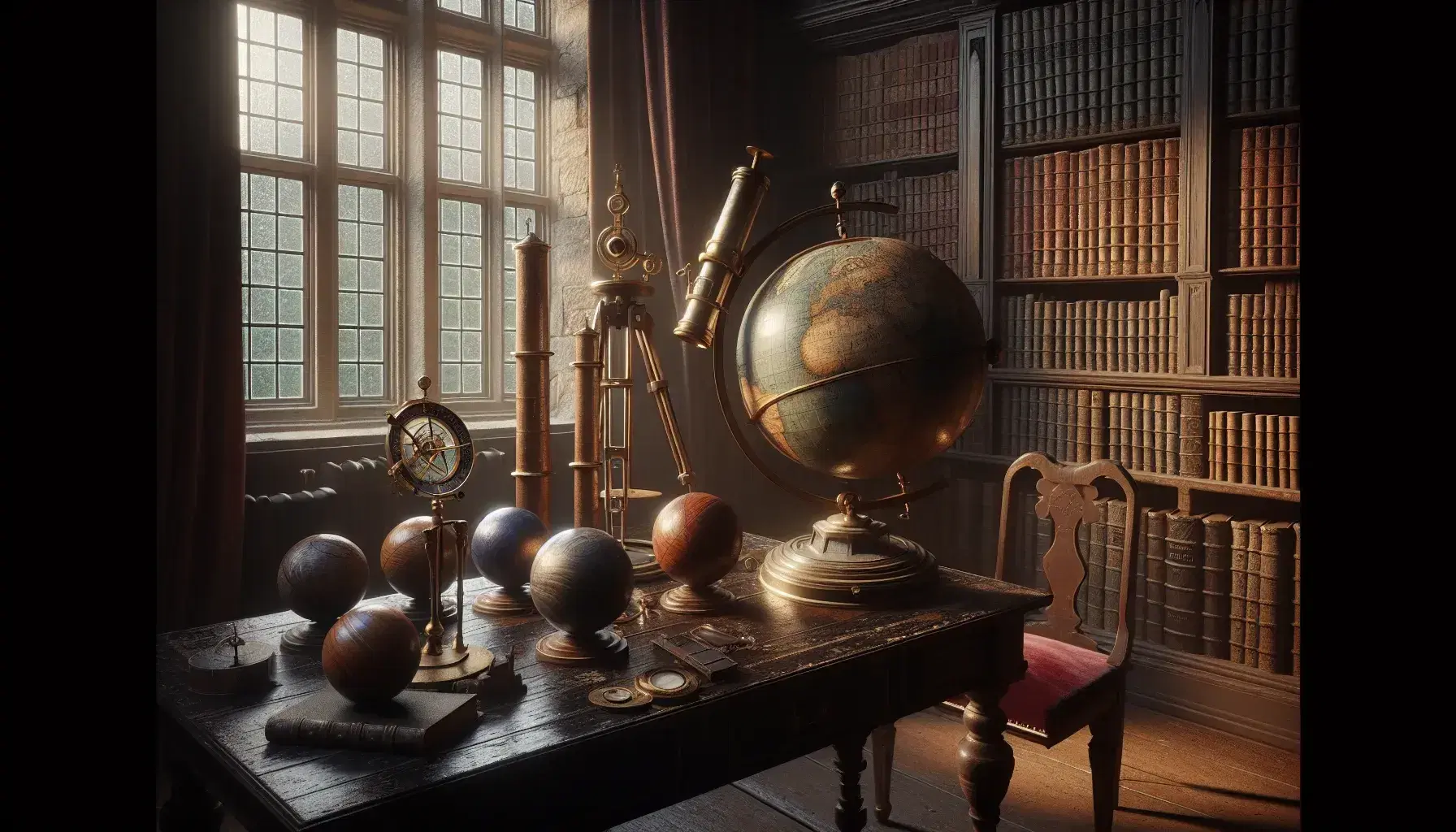 Estudio del siglo XVII con mesa de madera oscura, globo antiguo, brújula, telescopio de latón y esferas de madera, junto a estantería con libros encuadernados en cuero y silla con cojín de terciopelo carmesí.