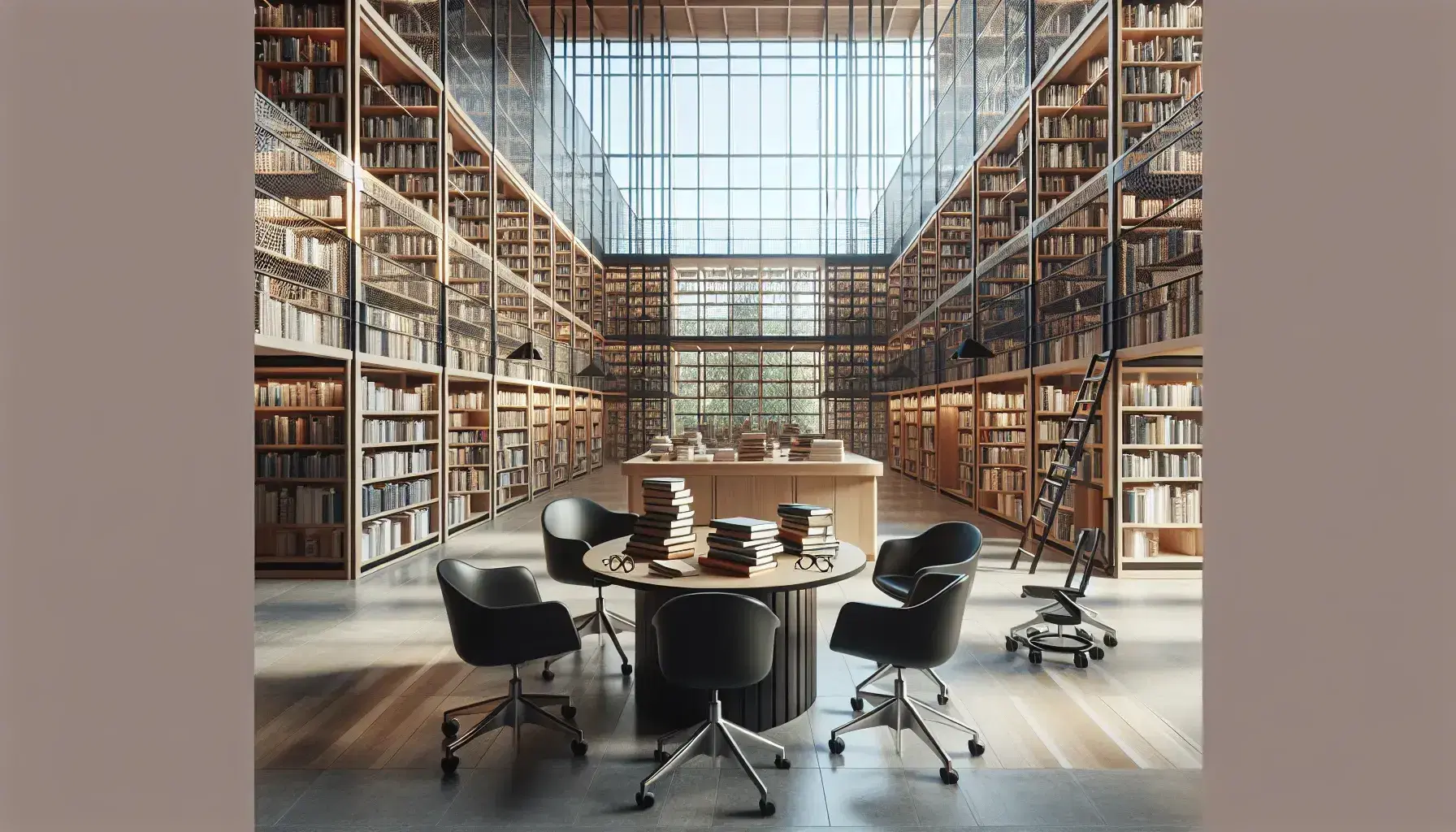 Biblioteca moderna y espaciosa con estanterías altas de madera clara llenas de libros, mesa redonda con sillas negras y escalera metálica rodante, sin personas.