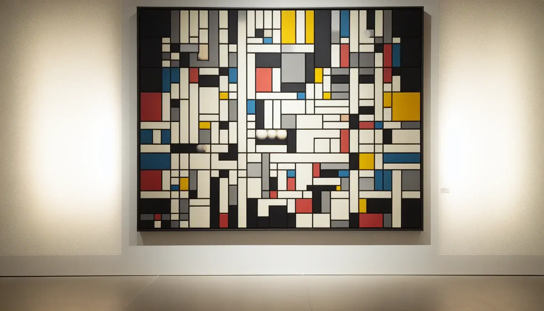 Quadro astratto con griglia nera e spazi colorati in rosso, blu, giallo e bianco, in stile neoplastico, appeso a parete bianca.