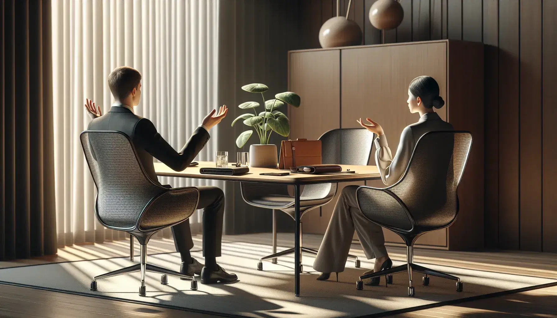 Reunión de negocios en oficina moderna con mesa de madera, sillas ergonómicas y decoración minimalista, iluminada por luz natural.