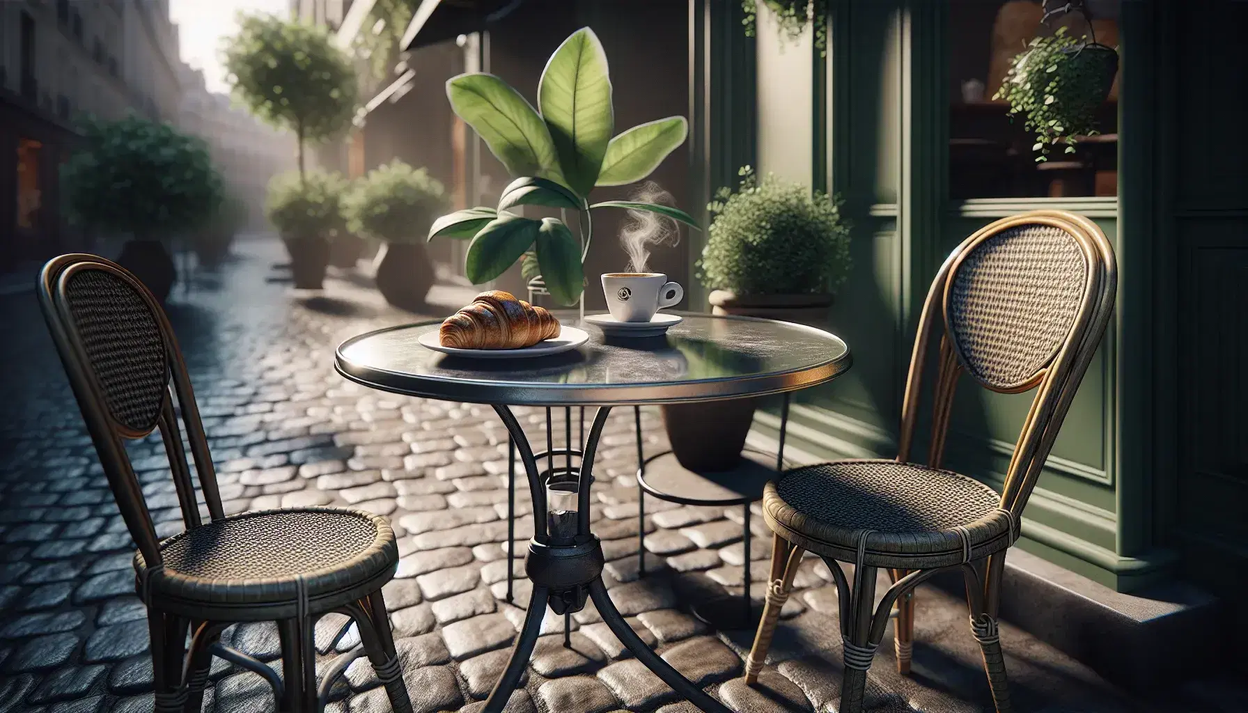 Serene French café scene with a round bistro table, two woven chairs, espresso, and a croissant on a cobblestone street, flanked by potted plants and old buildings.