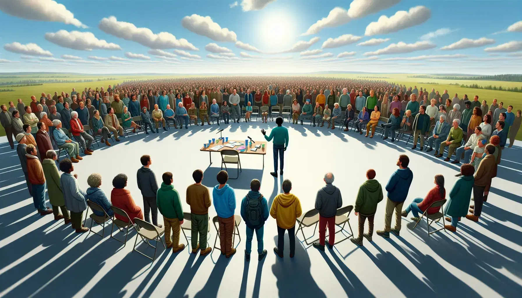 Reunión al aire libre de grupo multicultural en círculo con una persona de pie hablando, bajo cielo azul, con mesa redonda y papeles al frente.