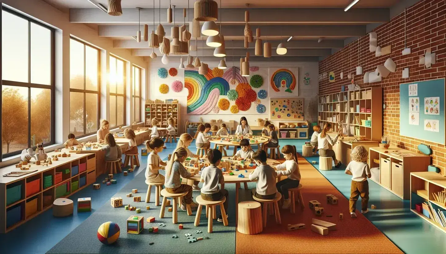 Aula scolastica colorata con studenti diversi attorno a un tavolo rotondo, manipolando blocchi di legno e puzzle, con insegnante assistente.