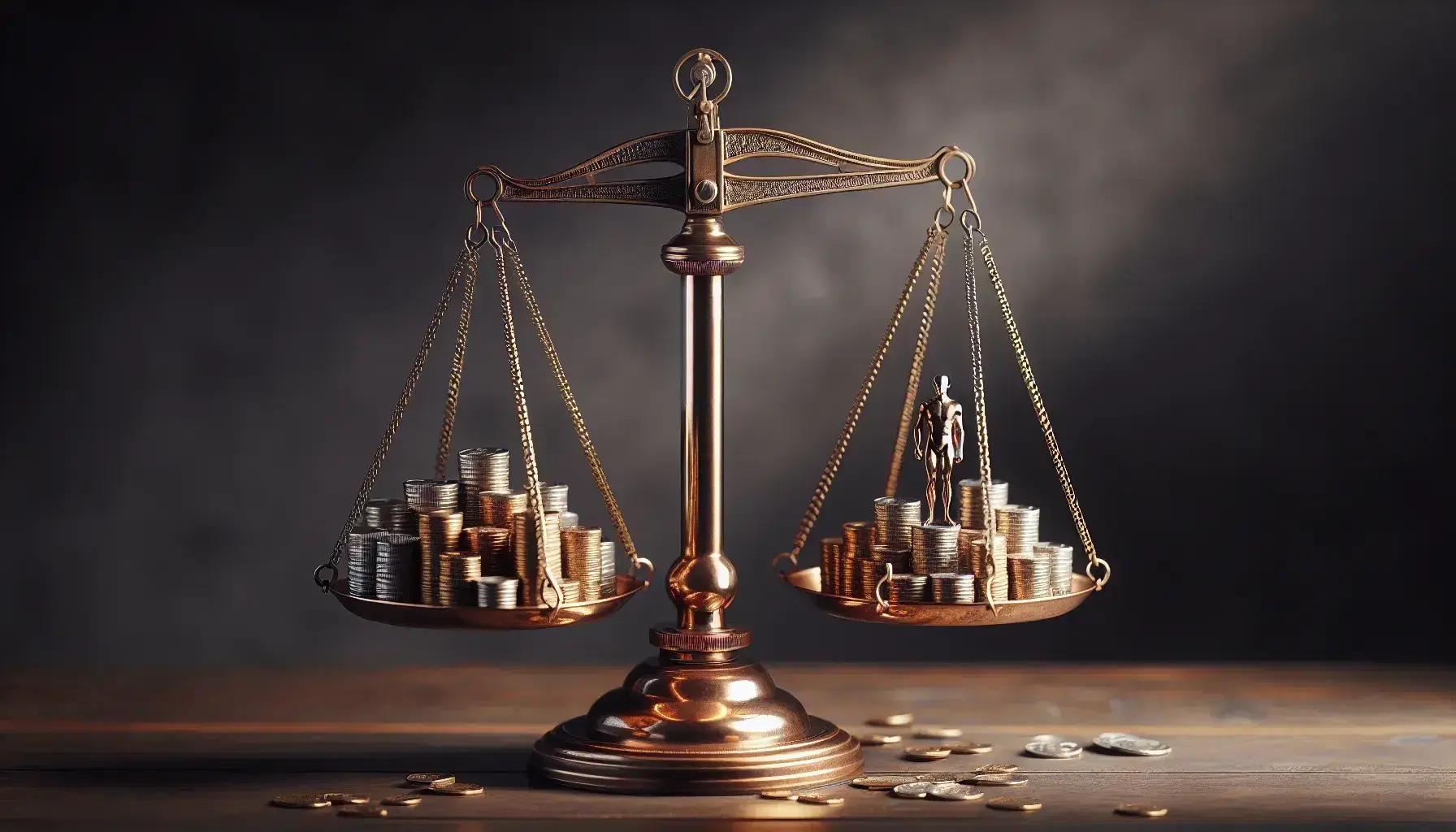 Balanza de dos platos en equilibrio con monedas apiladas en un lado y figura humana miniatura en el otro, sobre superficie de madera oscura.