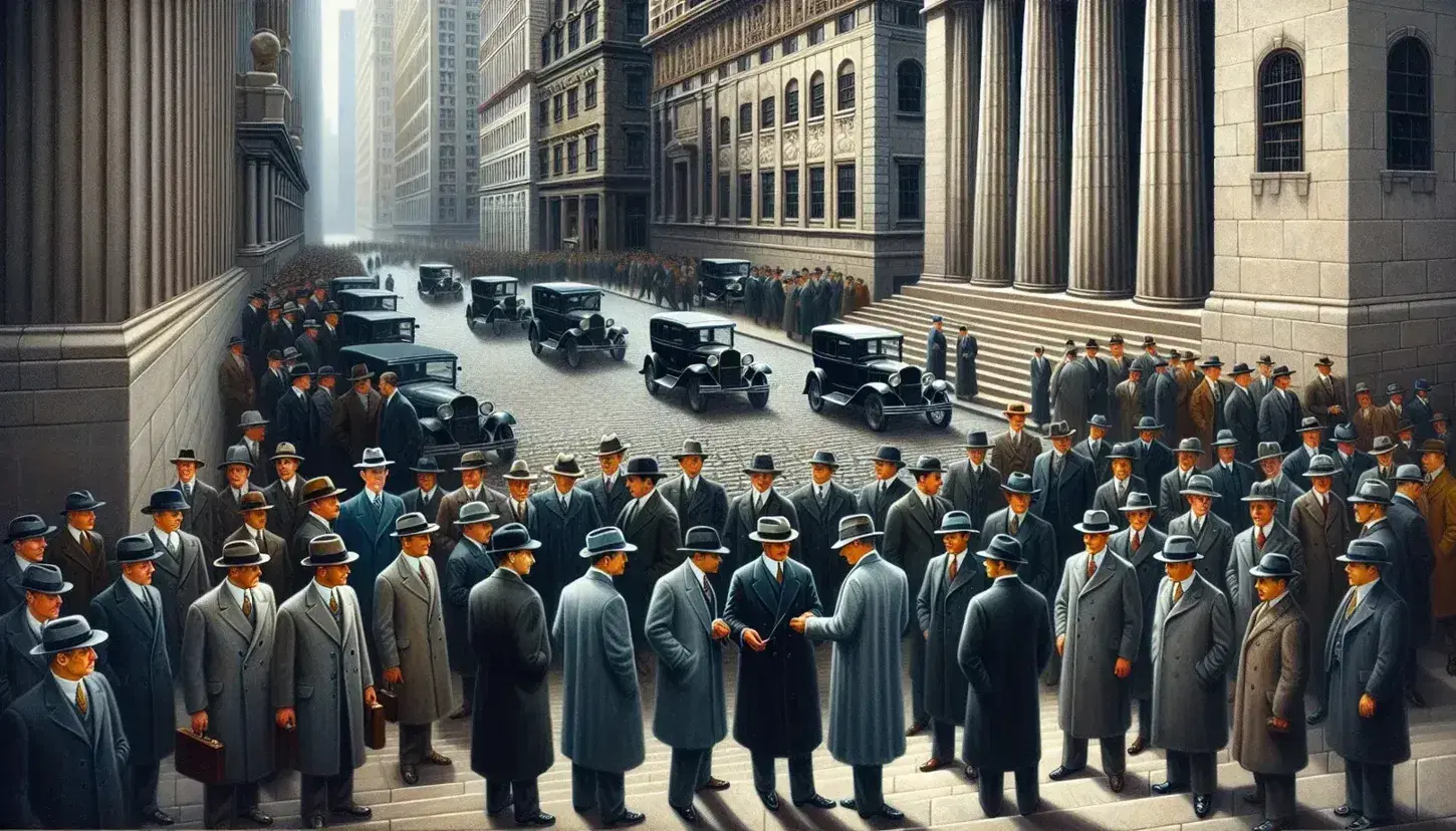 1920s Wall Street scene with diverse businessmen in vintage suits on neoclassical building steps, classic cars parked on cobblestone street.