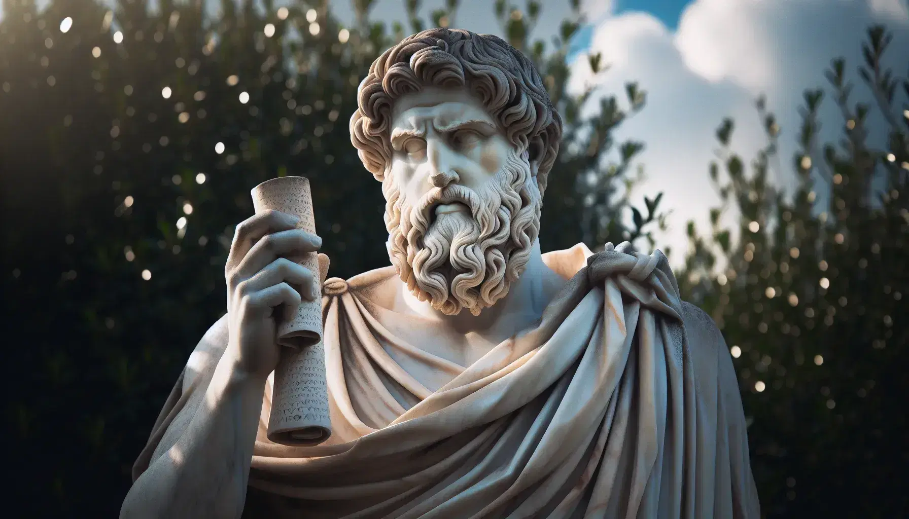 Statua marmorea di Esiodo con barba e abito greco, tiene un rotolo di pergamena e alza la mano destra, su sfondo sfocato di cielo e vegetazione.