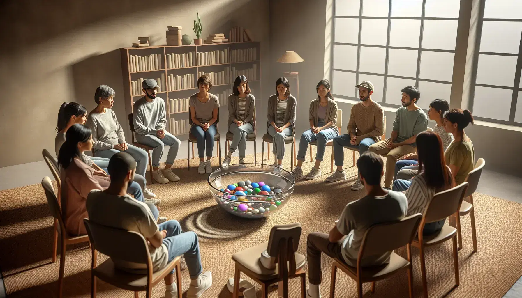 Diverse group sitting in a circle during a support meeting, with a bowl of colored stones in the center, in a naturally lit room.