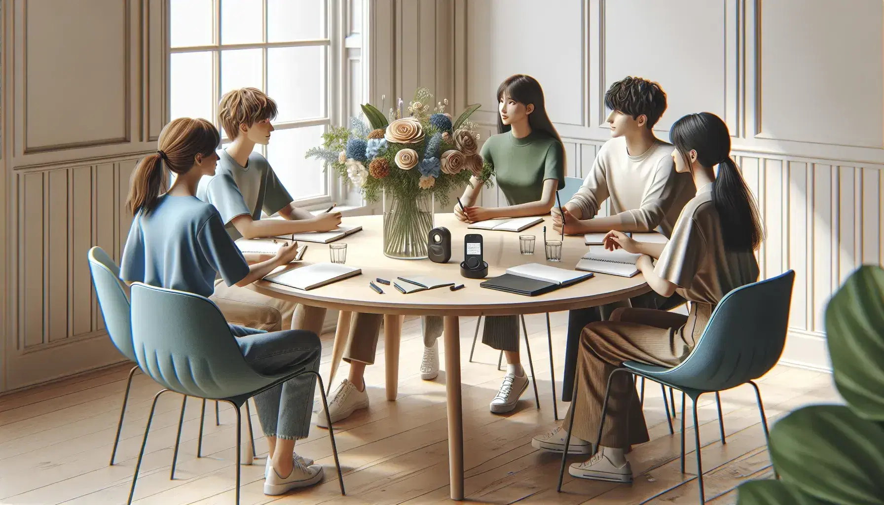 Grupo de cinco personas en reunión de trabajo alrededor de una mesa redonda con cuadernos y grabadora digital, en un ambiente iluminado con luz natural y decoración floral.