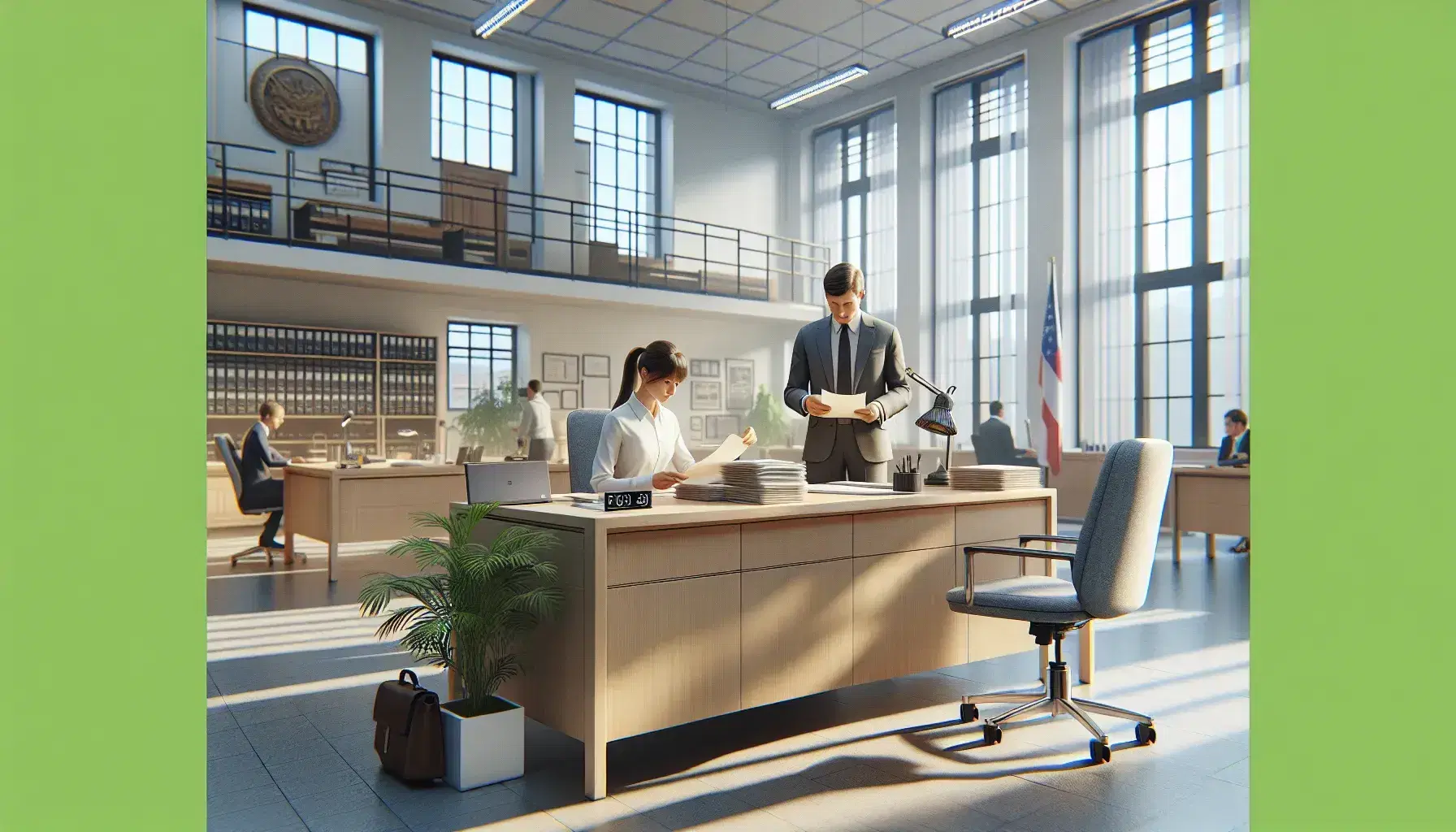 Ufficio pubblico moderno e luminoso con donna seduta che esamina un documento e uomo in piedi in attesa, grandi finestre e bandiera tricolore.