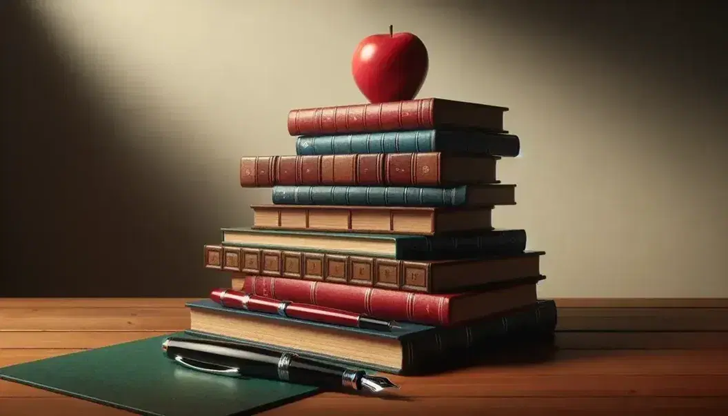 Libros apilados en forma de escalera con colores variados y pluma fuente encima, junto a una manzana roja brillante sobre mesa de madera.