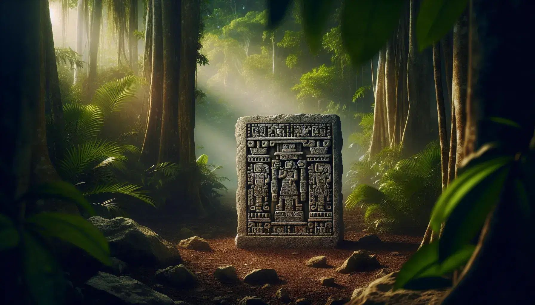 Estela maya de piedra caliza con relieves de figuras humanas ceremoniales y formas geométricas, en un fondo borroso de selva tropical.