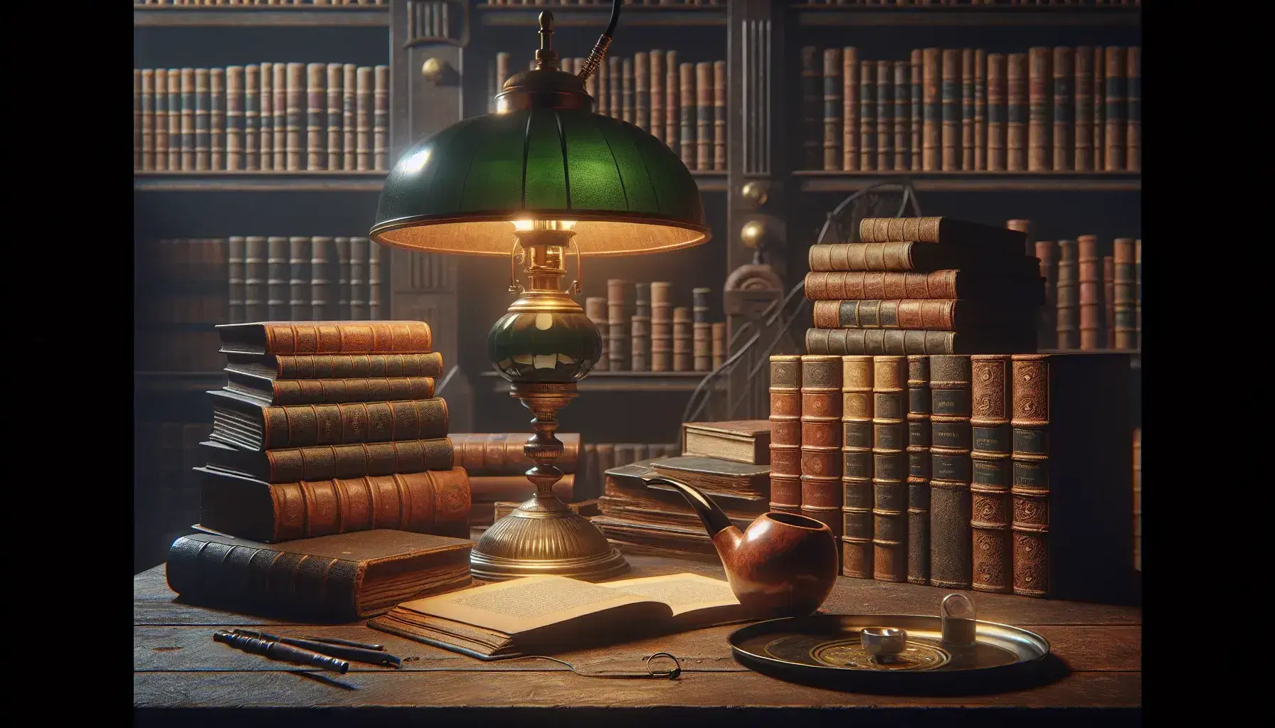 Scena di biblioteca antica con lampada vintage, libri rilegati in pelle, lente d'ingrandimento e pipa su tavolo in legno.