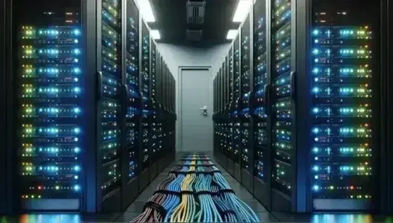 Sala de servidores con racks negros y luces LED azules y blancas, cables de colores organizados y puerta gris al fondo, sin personas.