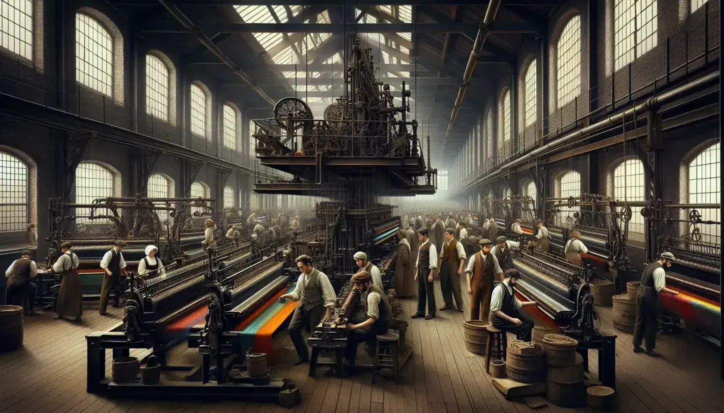 Mid-19th century industrial factory scene with male and female workers operating mechanical looms, weaving colorful threads, in a brick-walled, naturally lit environment.
