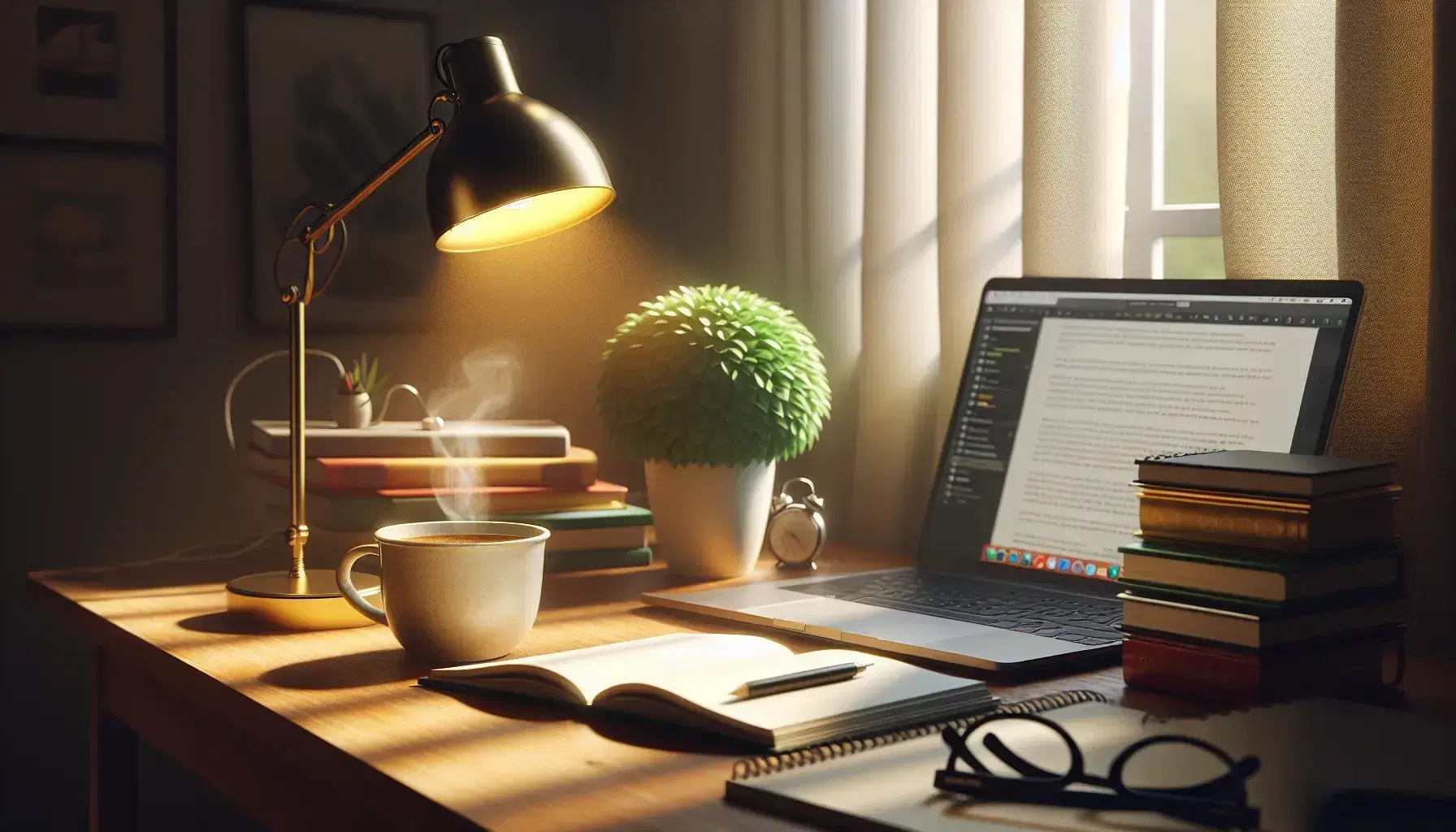 Cluttered wooden desk with coffee cup, green plant, colorful books, glasses and turned on laptop, under a yellow lamp, near a window with white curtains.