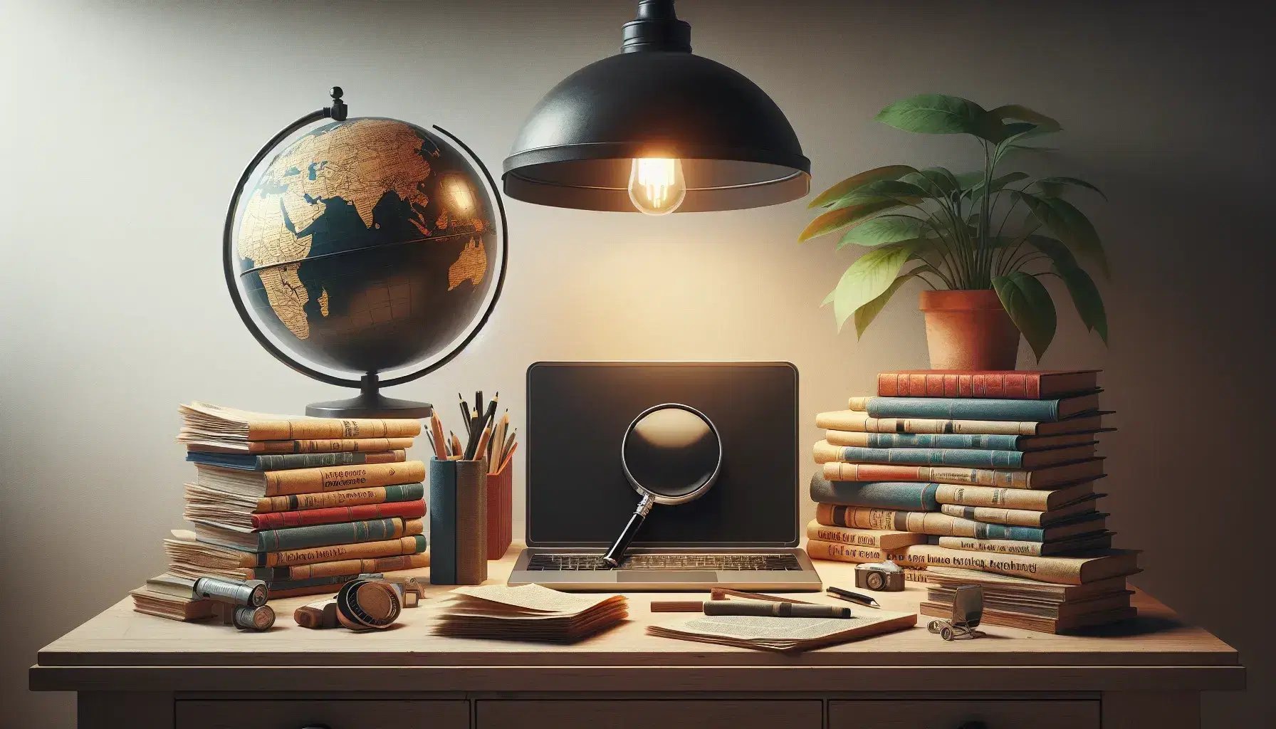 Scrivania in legno chiaro con laptop aperto, lente d'ingrandimento su giornali, libri colorati, globo e pianta verde sotto lampadina accesa.