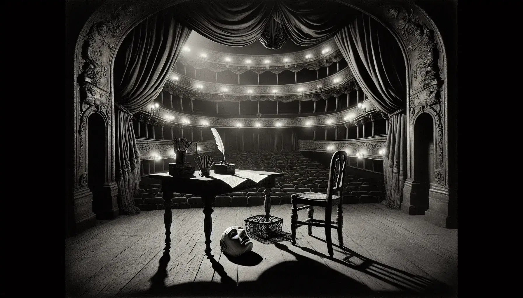 Palcoscenico teatrale d'epoca con tenda drappeggiata aperta, sedia in legno antico, maschera teatrale, copione e penna, illuminazione soffusa, nessuna persona.