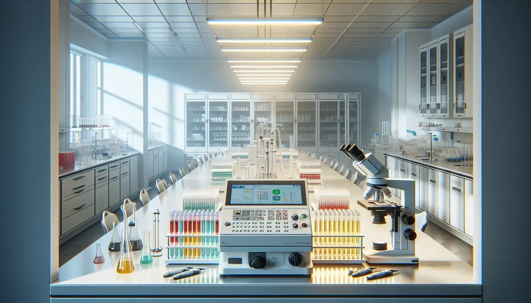 Laboratorio scientifico moderno e luminoso con tavolo attrezzato di provette colorate, pipette automatiche e microscopio elettronico.