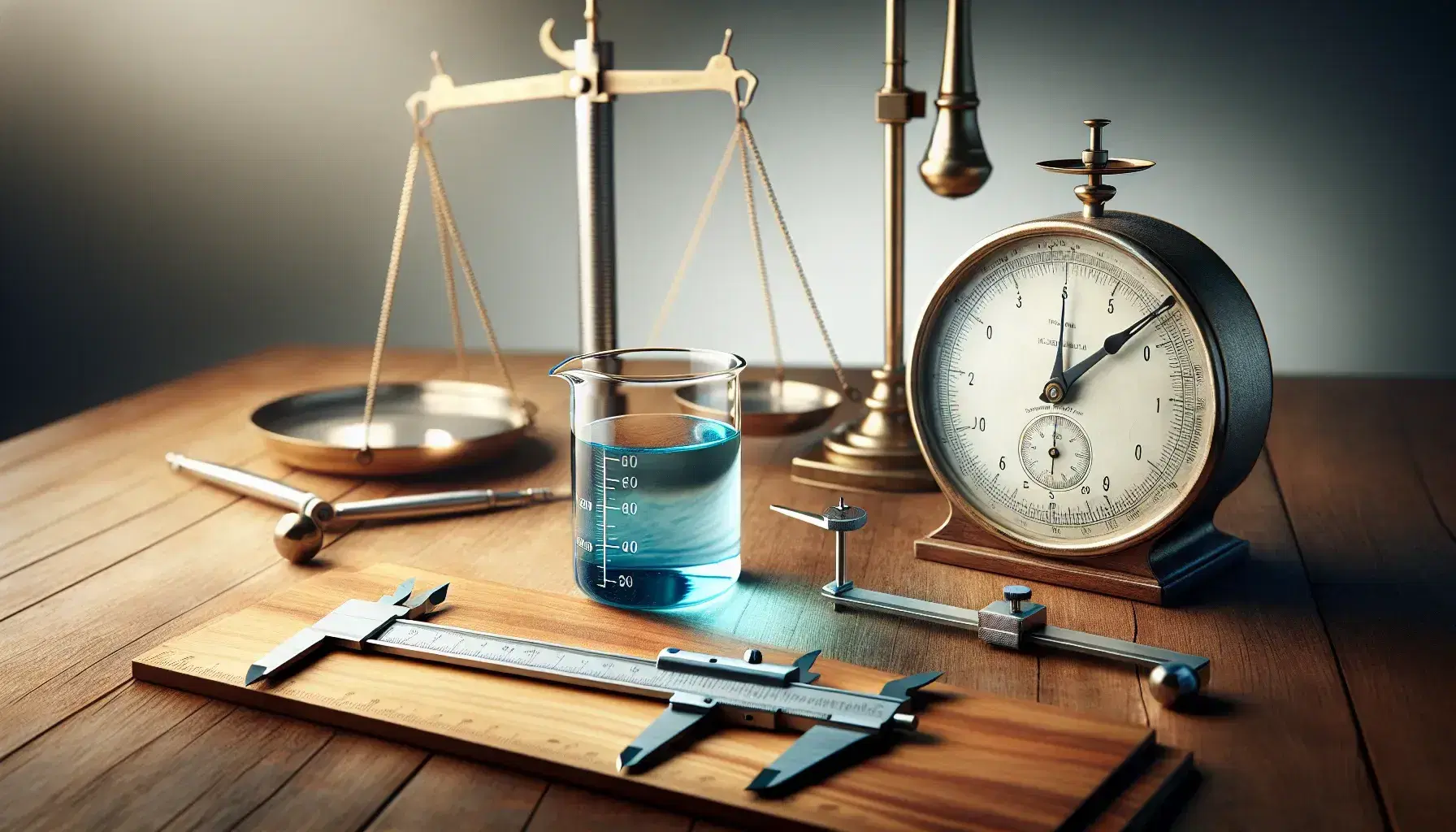 Assorted precision measurement tools on a wooden surface, including a beaker with blue liquid, vernier caliper, ruler, analog clock, and balanced brass scale.