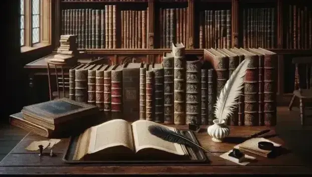 Escena de biblioteca antigua con mesa de madera, libro abierto, pluma y tintero sobre ella, estantería repleta de libros y silla de madera al lado.