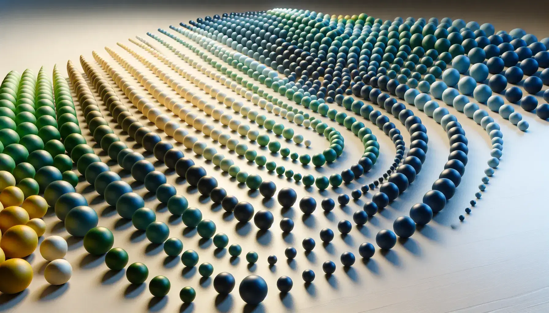 Esferas de distintos tamaños y colores en formación de curva de distribución normal sobre superficie neutra, con tonos que varían de azules oscuros a amarillos.