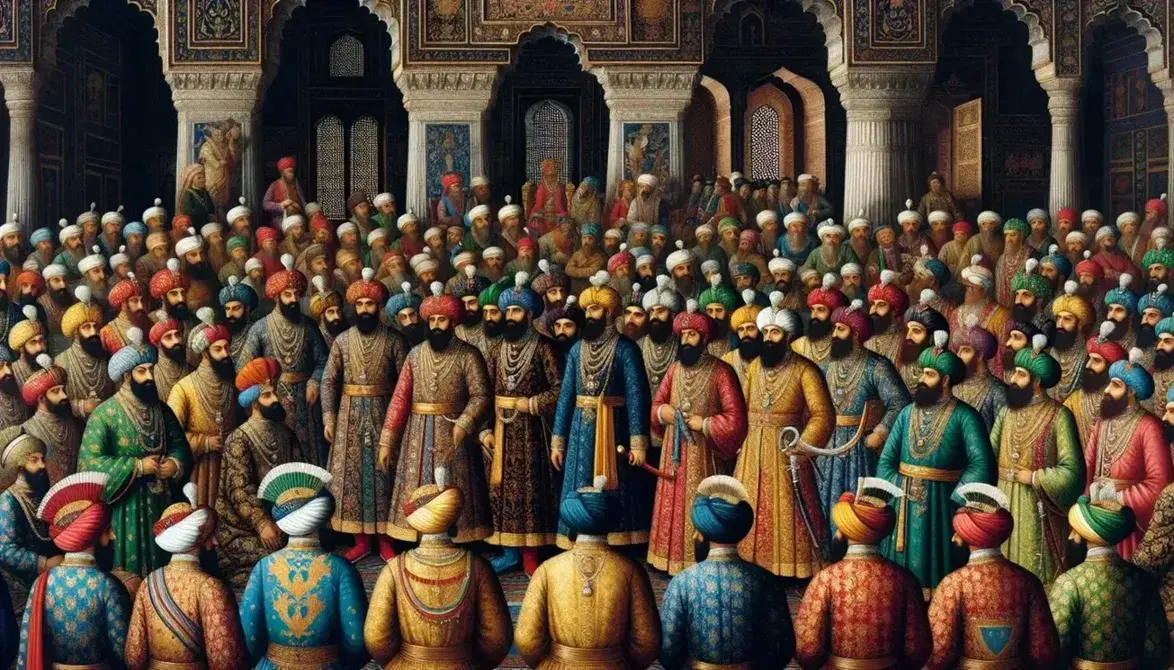 Mughal court scene with Mansabdars in rich attire, a high-ranking figure center stage, and ornate pillars and arches in the background.
