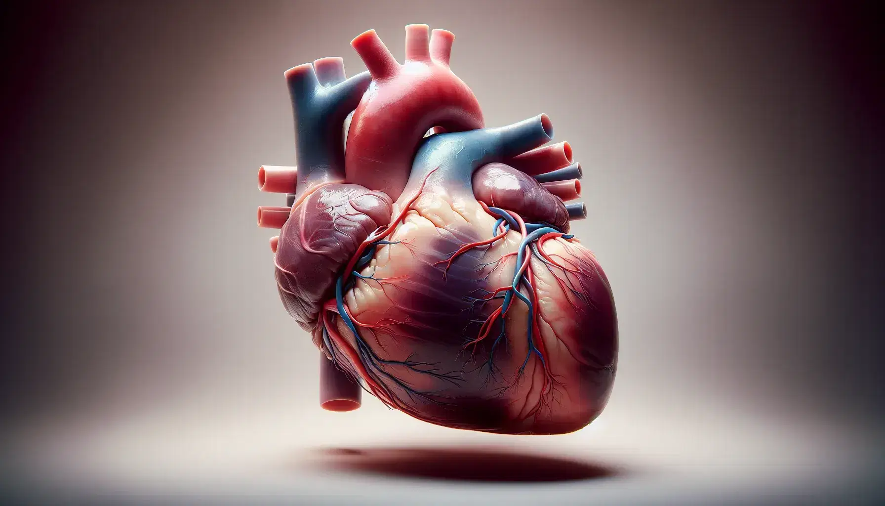 Cuore umano reale con arterie e vene visibili su sfondo neutro che evidenzia la struttura tridimensionale e i tessuti.