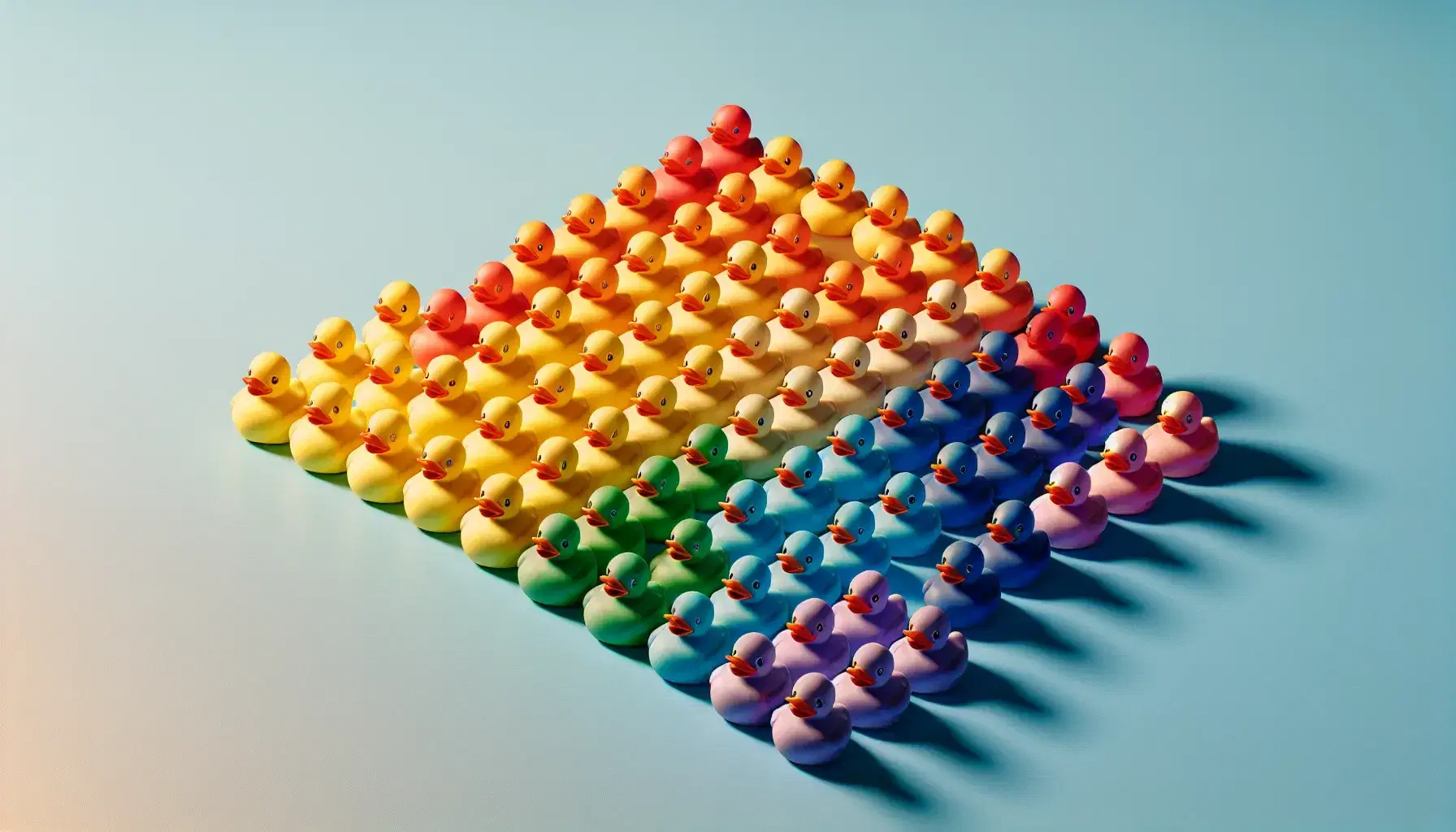 Colorful rubber duck in a row on light blue background, yellow to purple gradient, light shadows, top view, without symbols.