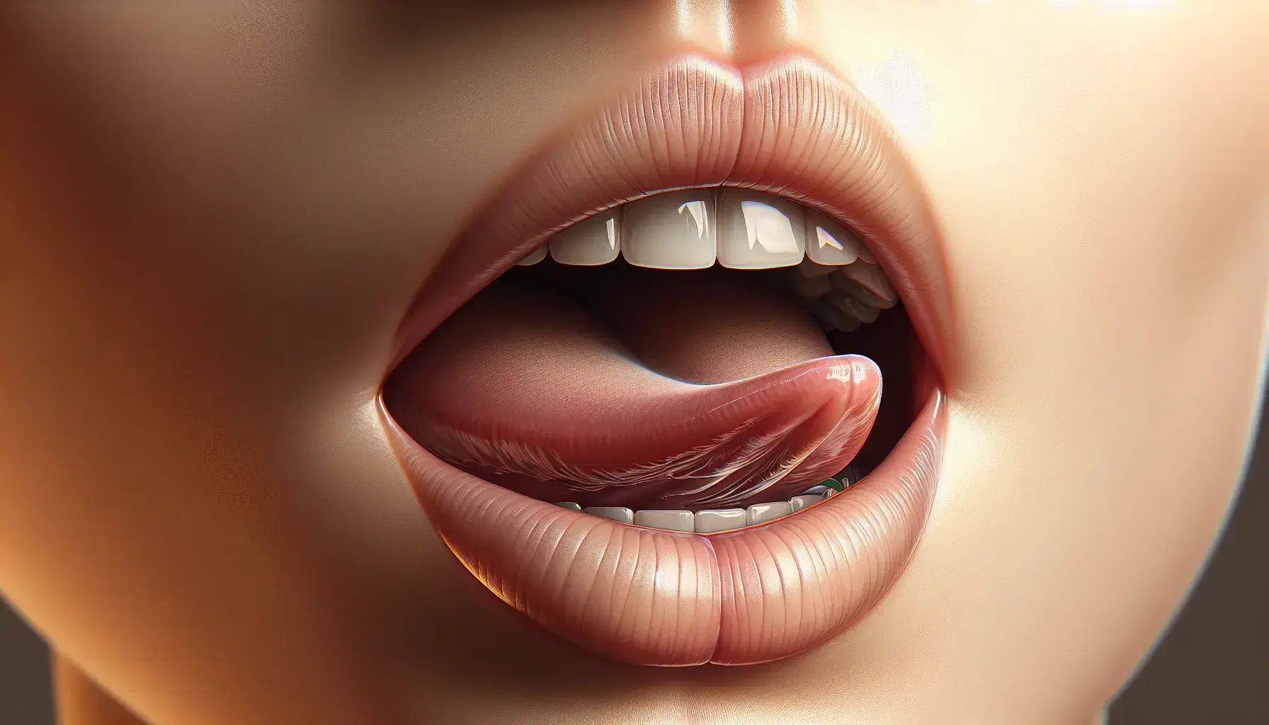 Close-up of a human mouth with light olive skin, slightly parted lips, and a tongue positioned for a speech sound, against a soft beige background.
