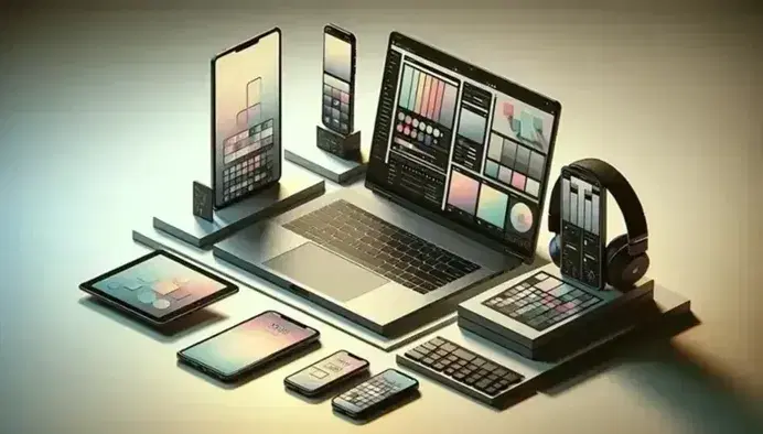 Composición equilibrada de dispositivos electrónicos con portátil abierto, smartphone encendido, tablet apagada, auriculares inalámbricos y ratón sin cables sobre superficie clara.