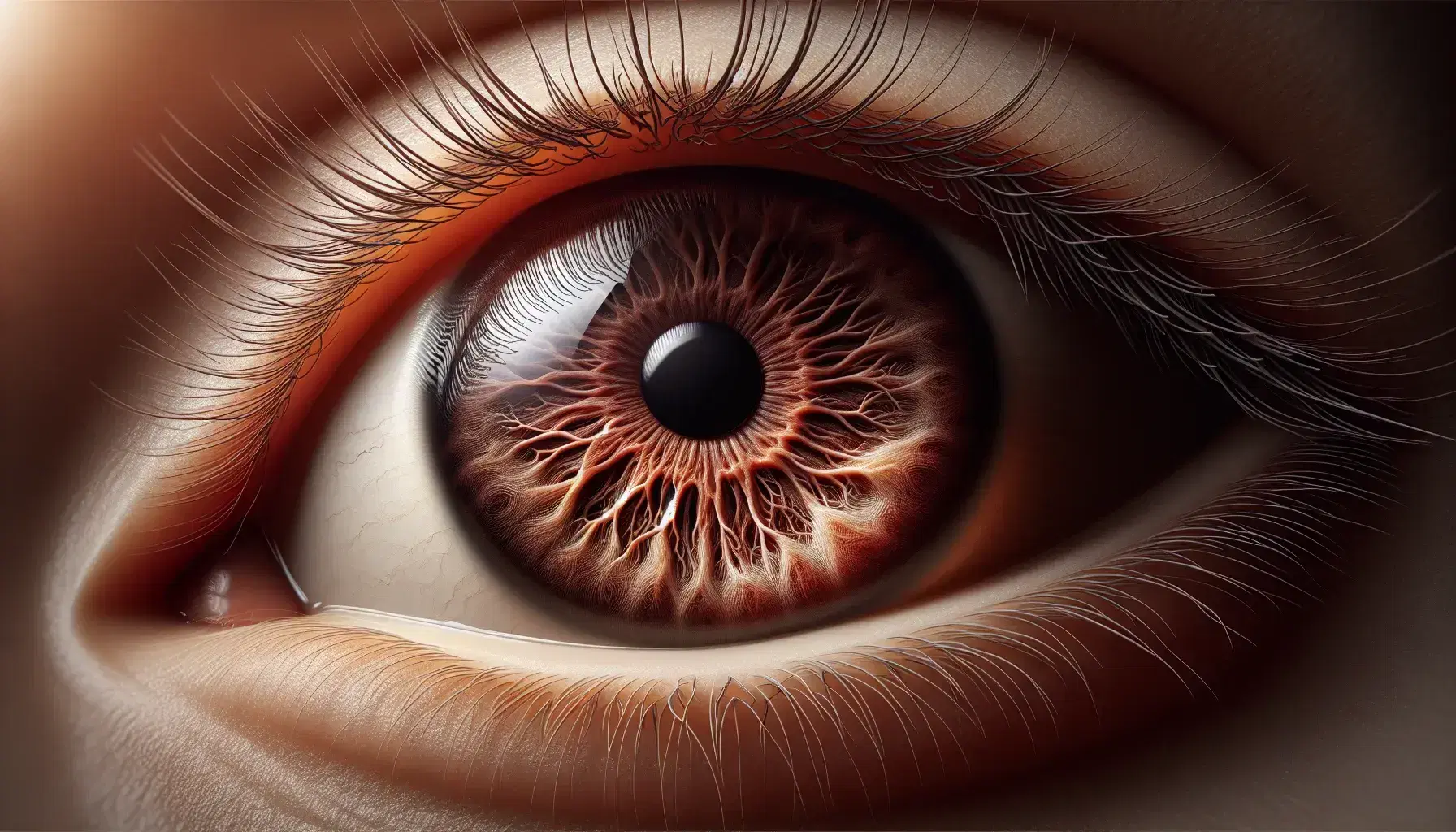 Close-up of a human eye with detailed brown iris, dilated pupil, sclera with blood vessels and curved eyelashes.