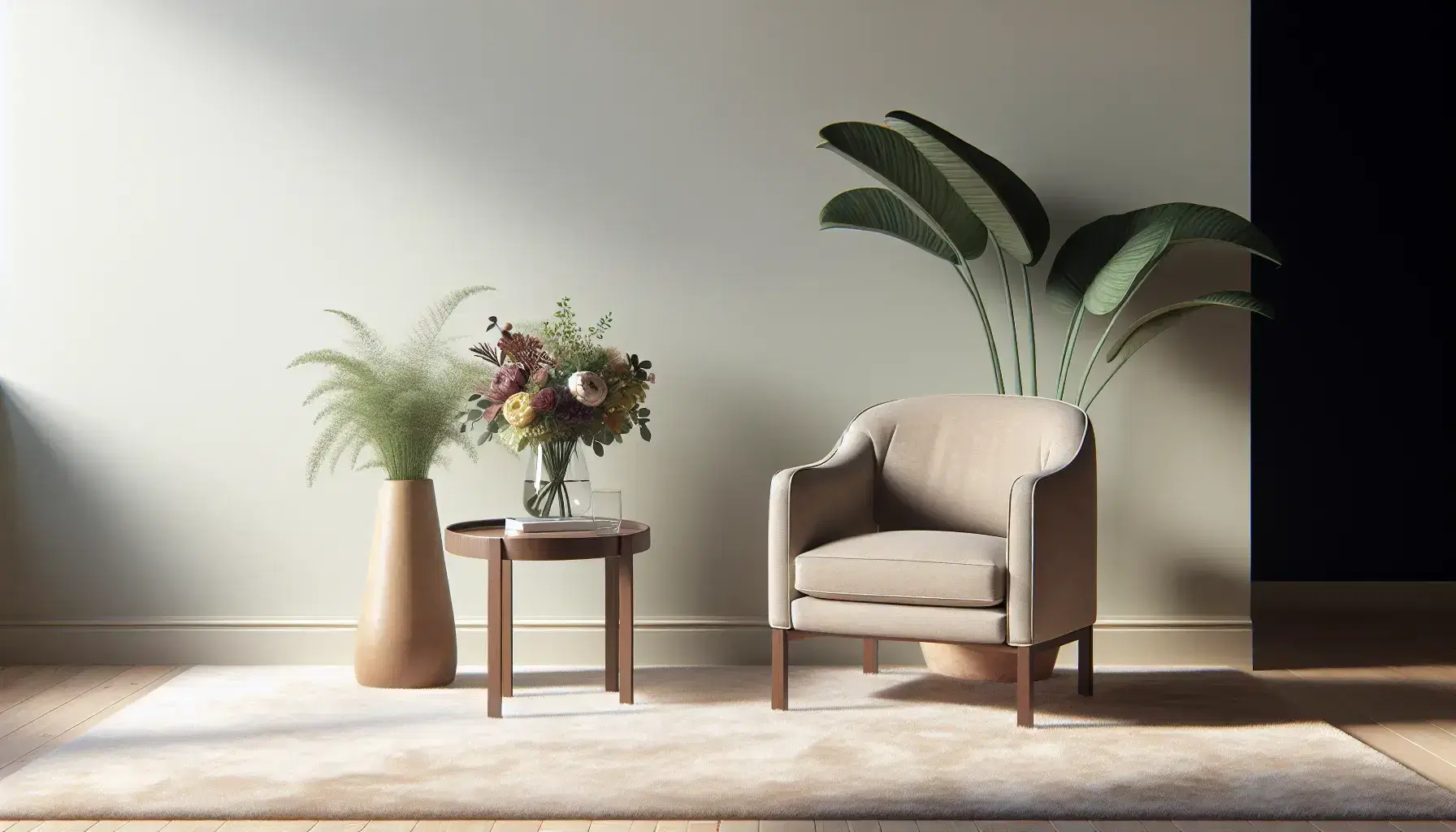 Serene therapeutic office with beige armchair, two brown chairs in front, coffee table with flowers and green plant, illuminated by natural light.