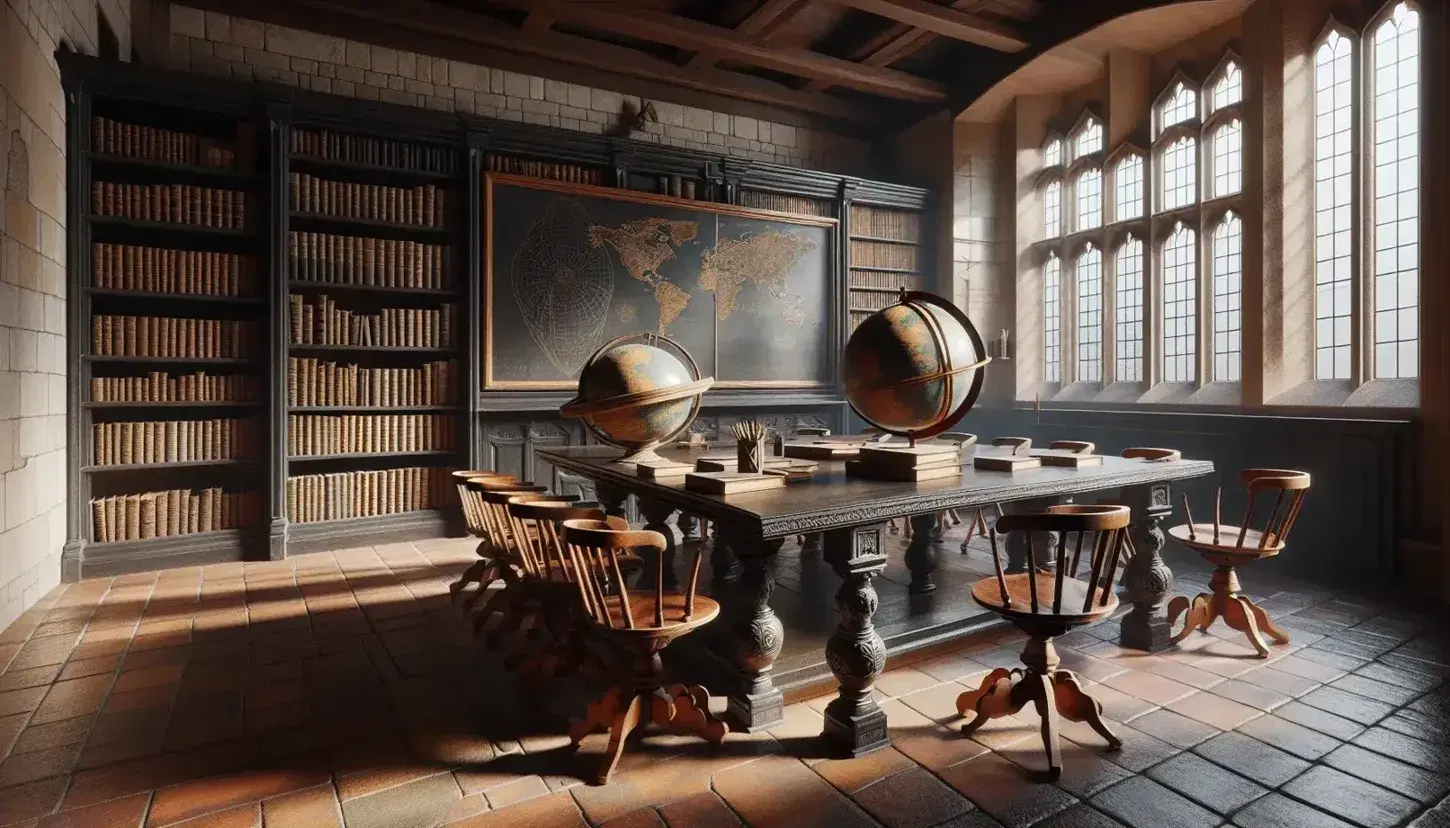 Aula antigua con mesa de madera oscura y sillas a juego, pizarra de piedra negra, globo terráqueo y estantería con libros encuadernados en cuero bajo luz natural.