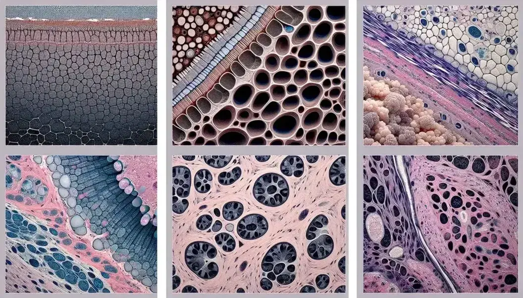 Microscopía de tejidos humanos mostrando epitelial, conectivo, óseo, cartilaginoso, muscular estriado y nervioso con detalles celulares y estructurales.