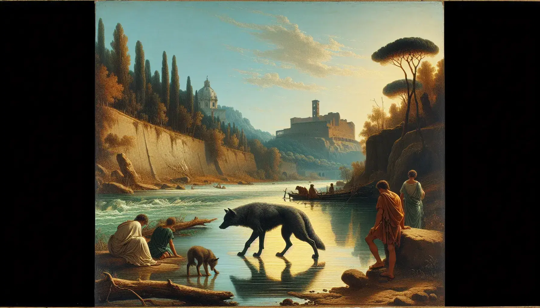 Scena sulle rive del Tevere al tramonto con silhouette del Palatino, lupa con gemelli e due uomini in tuniche marroni.