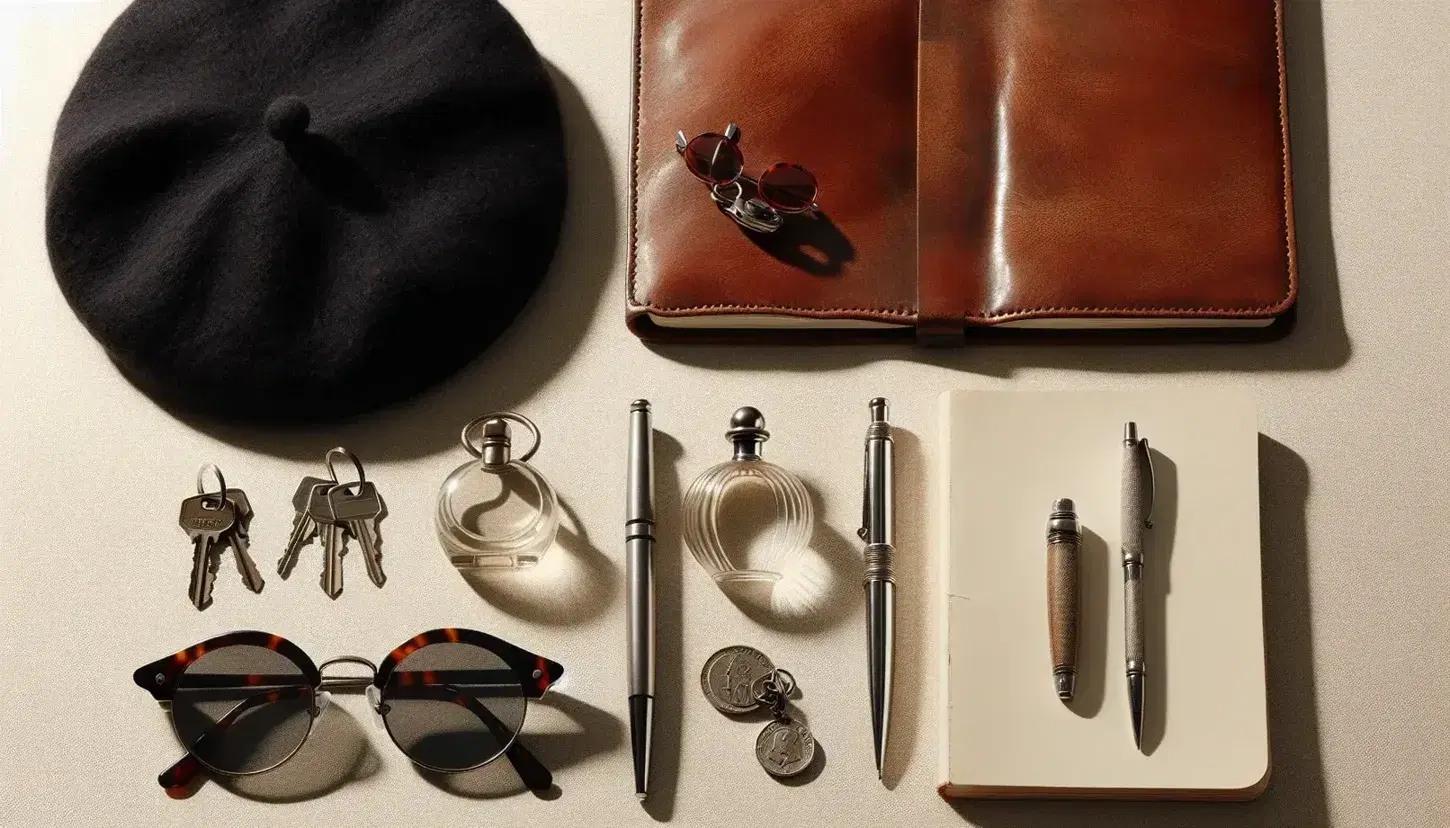 Assorted personal items including a black French beret, tortoiseshell sunglasses, leather notebook with fountain pen, keys, perfume bottle, blue-gray woolen scarf, and potted plant.
