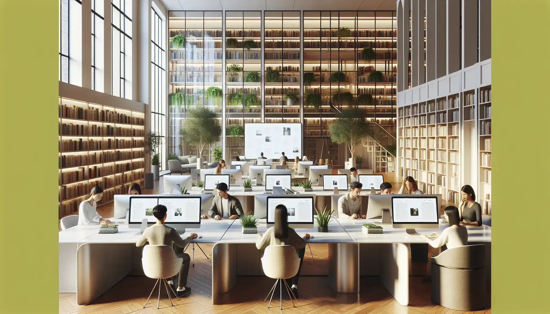 Modern library interior with diverse patrons using computers, bookshelves with plants, digital touch screen, and large windows allowing natural light.