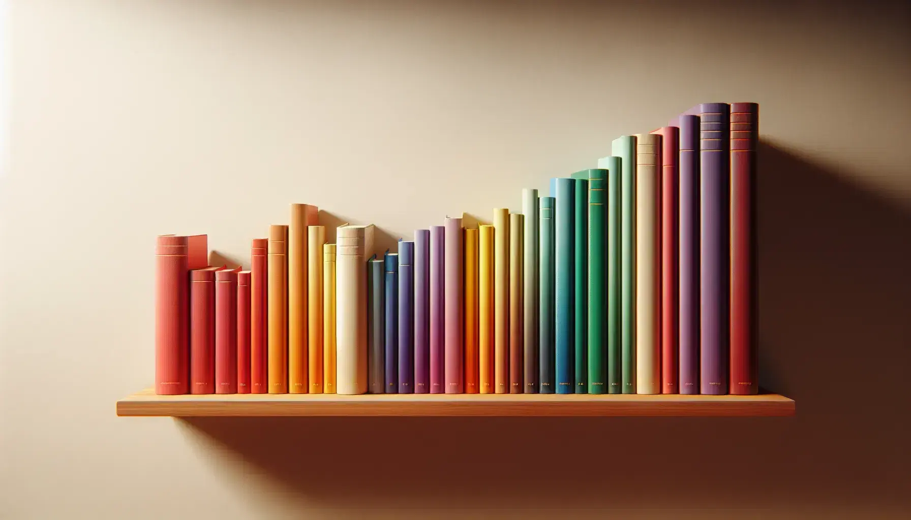 Colorful books in ascending order on a wooden shelf, with color gradation from red to violet creating a rainbow effect.