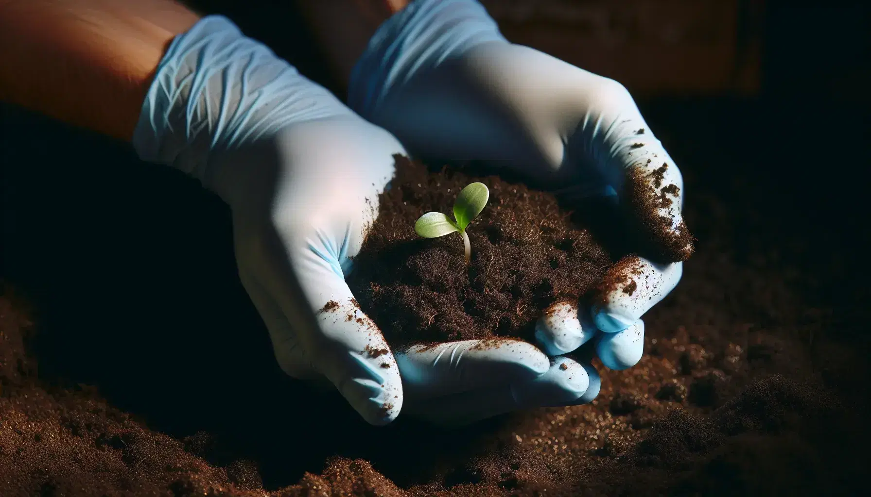 Manos con guantes quirúrgicos azules sosteniendo cuidadosamente un brote verde con dos hojas sobre tierra fértil, simbolizando crecimiento y cuidado en la agricultura.