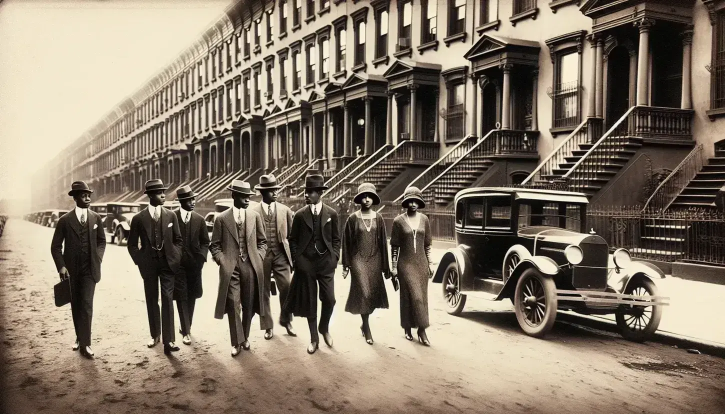1920s Harlem street scene with elegantly dressed African Americans, vintage cars, and classic brownstone buildings, reflecting Harlem Renaissance culture.