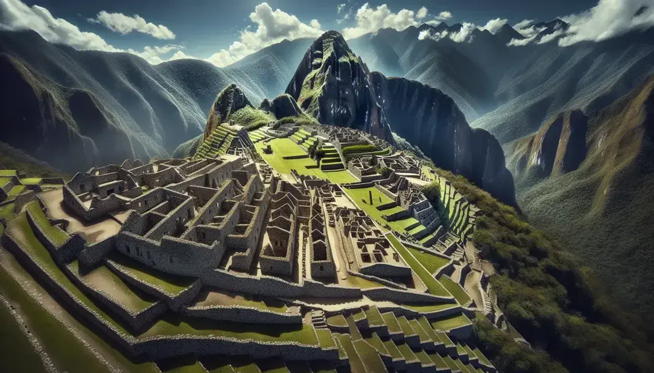 Vista aerea di Machu Picchu con terrazze agricole, Tempio del Sole e rovine incas tra vegetazione lussureggiante e cielo azzurro.