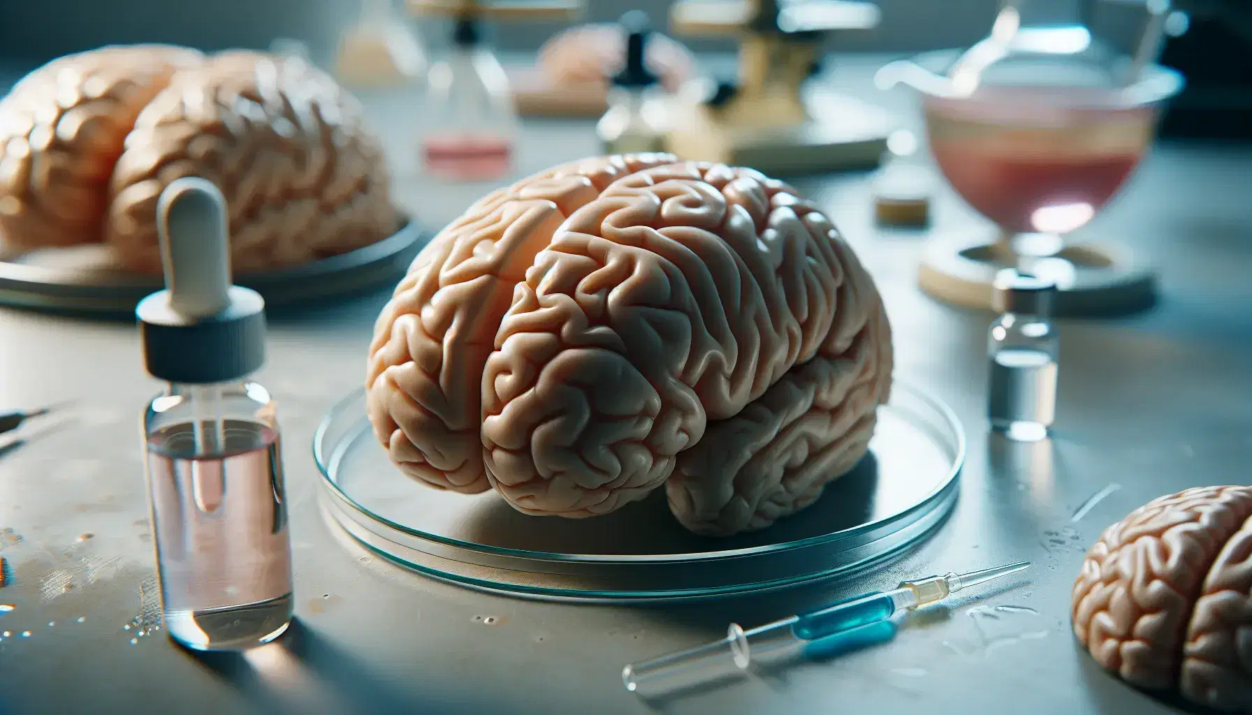 Detailed model of the human brain with frontal and parietal lobes, in the laboratory with test tube and dropper with colored liquids.