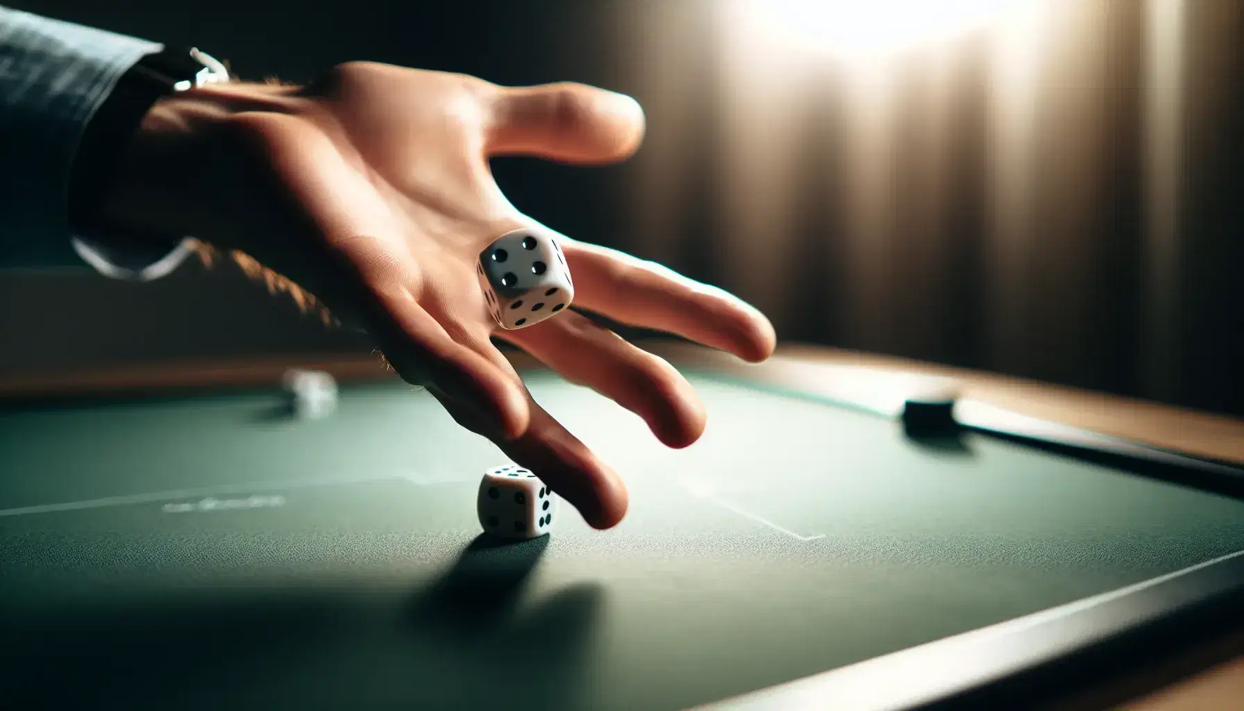 Mano sosteniendo y lanzando un par de dados blancos con puntos negros sobre superficie verde oscura de mesa de juego, capturados en movimiento y enfoque.