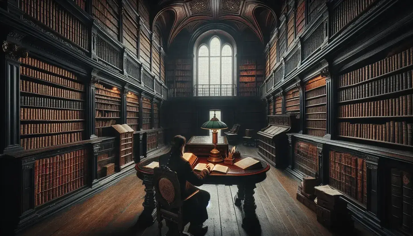 Biblioteca antica con scaffali in legno scuro pieni di libri rilegati, tavolo ovale al centro, persona seduta di spalle che scrive con penna d'oca.