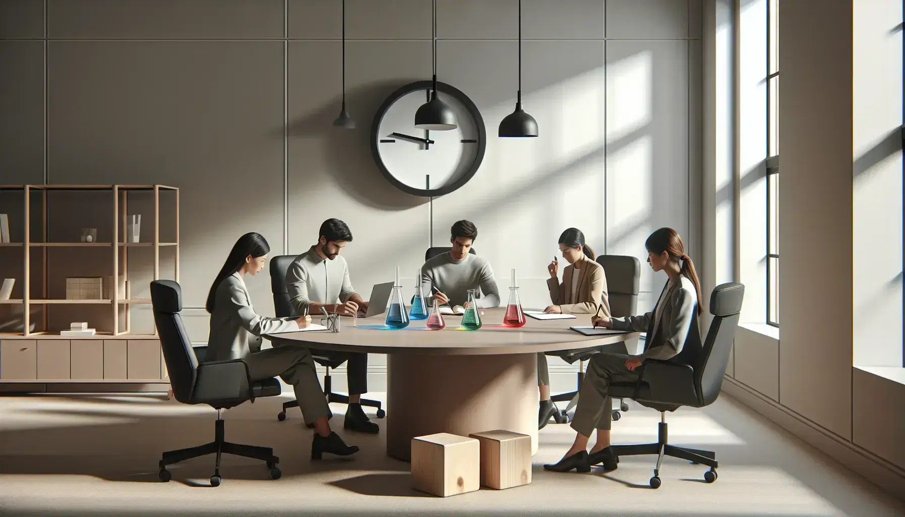 Four professionals in a meeting room engage in various tasks with beakers of colored liquids, writing on a notepad, arranging wooden blocks, and checking the time on a wall clock.