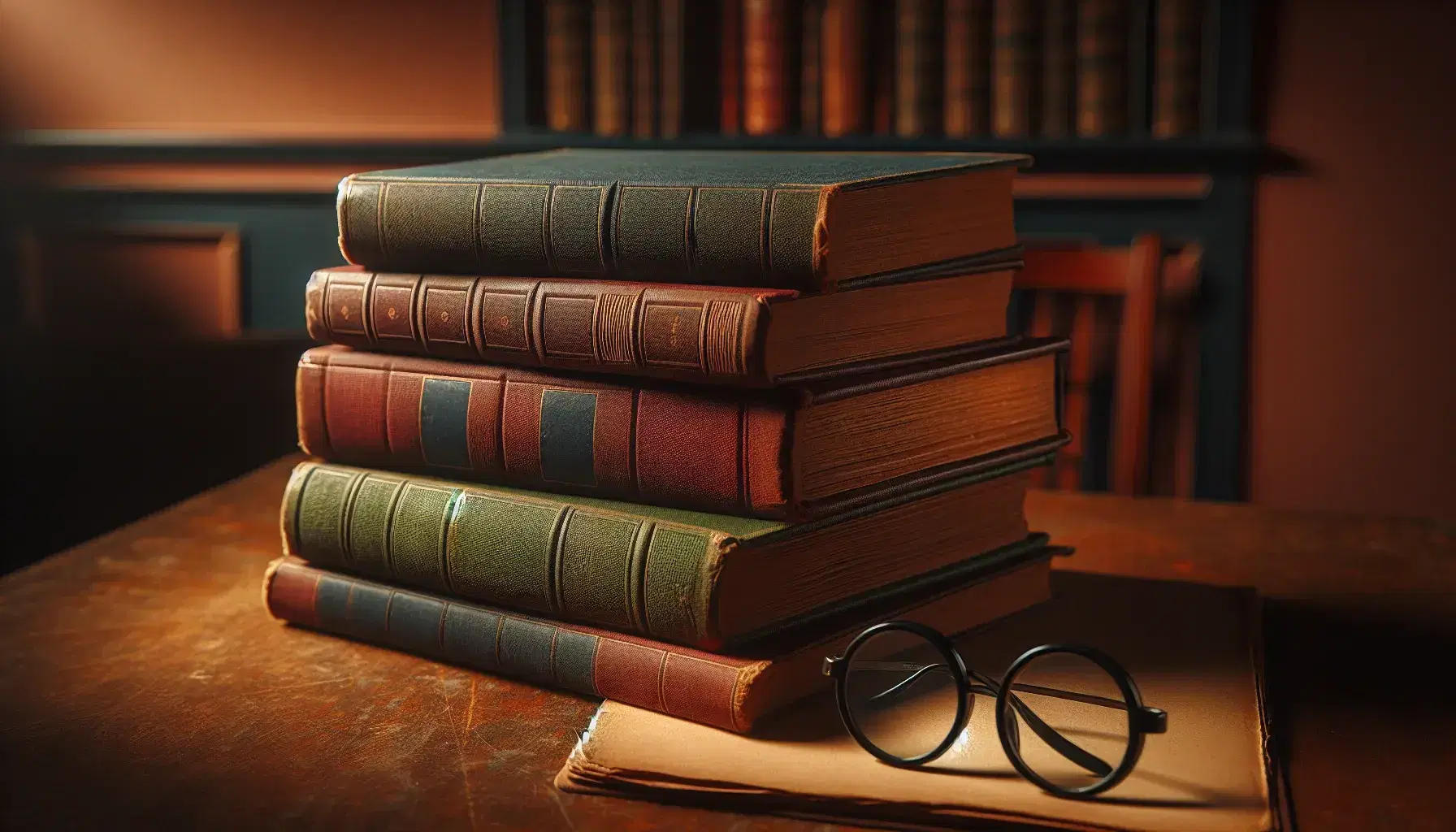 Vintage hardcover books stacked on a wooden table with an open book on top and round-lensed eyeglasses beside, in a cozy, dimly lit room.
