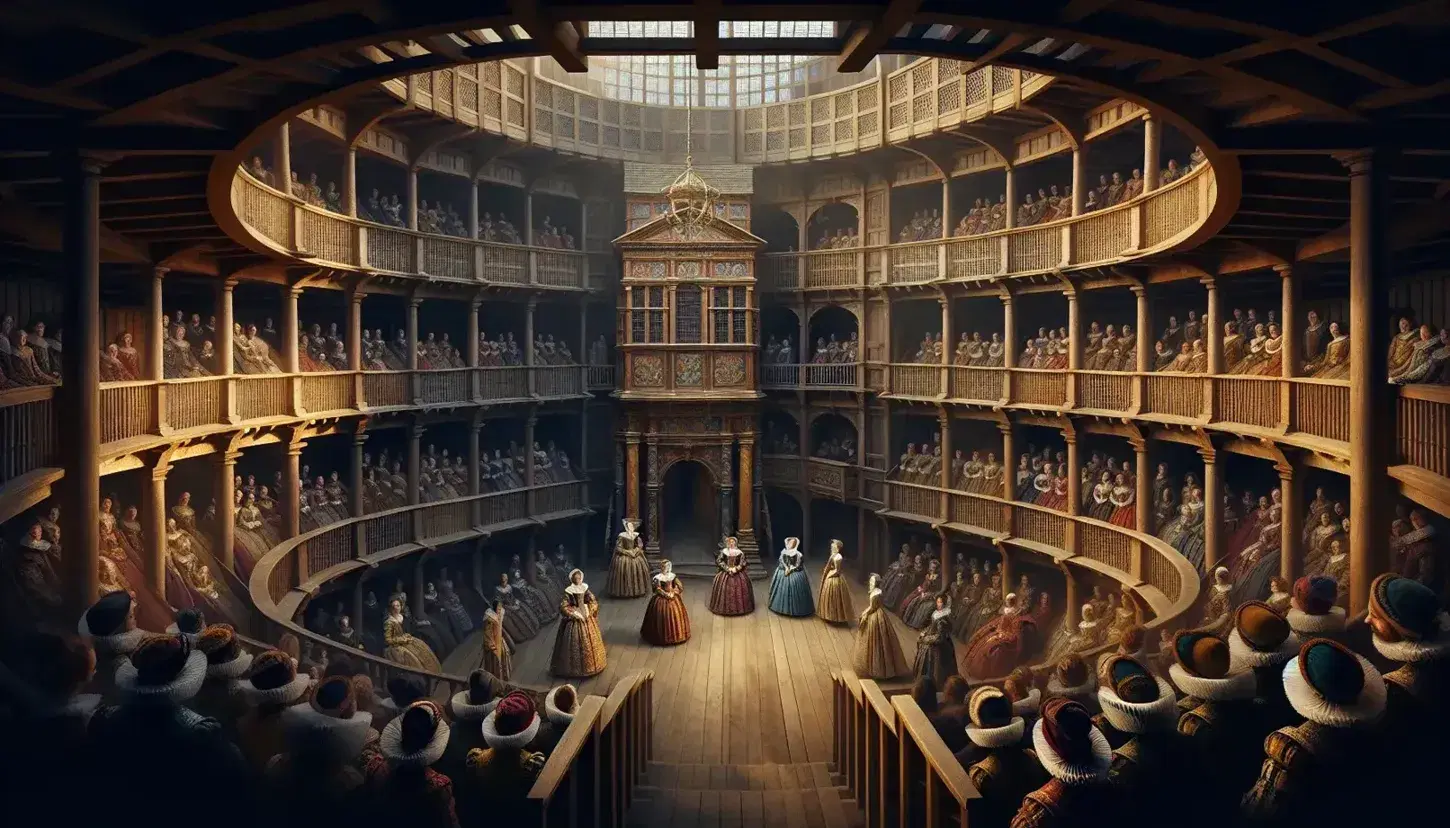 Jacobean-era Elizabethan theater with audience in period attire watching actors on a raised stage with props, under natural lighting.