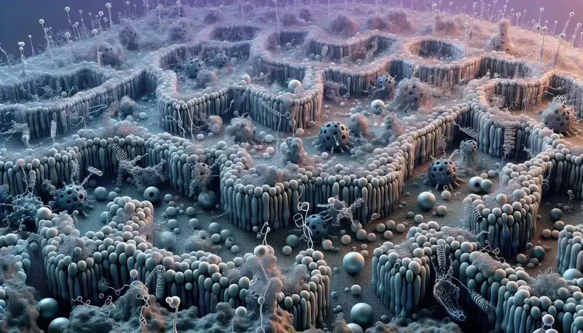 Vista microscópica de la superficie celular mostrando una bicapa de fosfolípidos, proteínas integrales y periféricas, y cadenas de carbohidratos en un entorno acuoso.