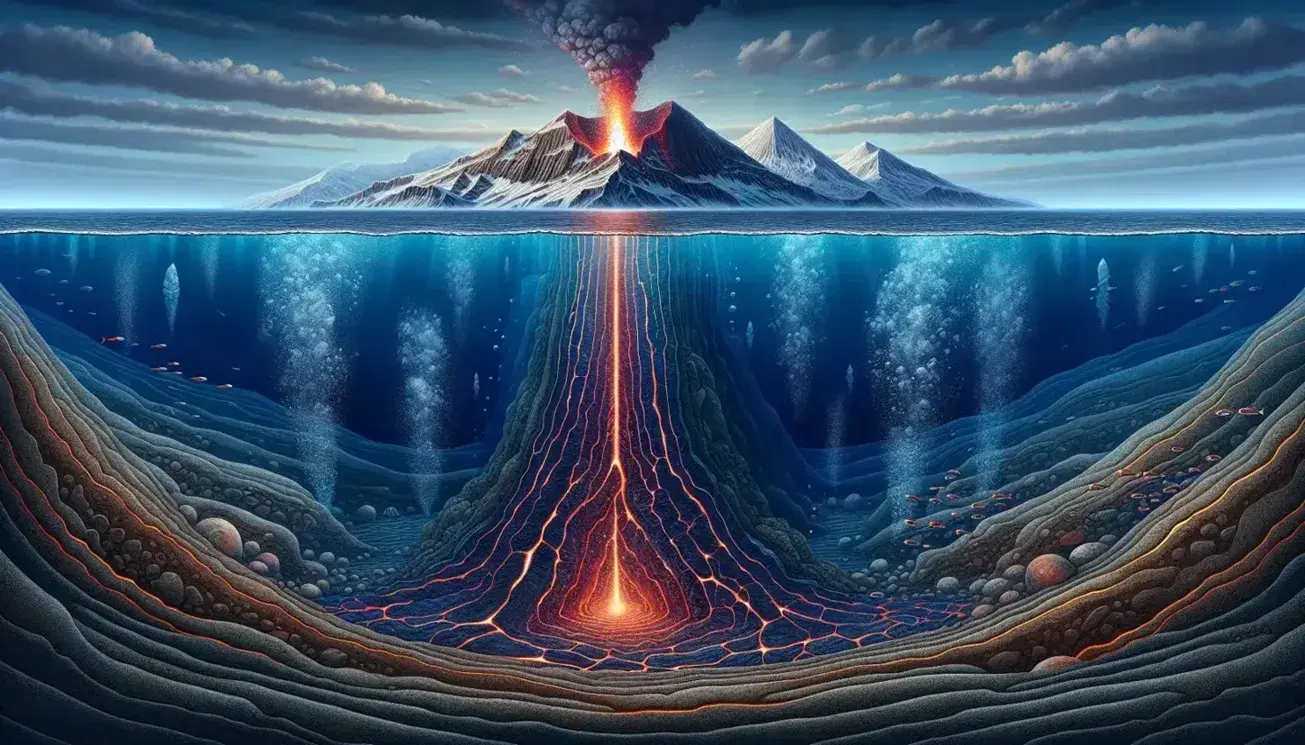 Vulcano sottomarino in eruzione con lava rossa-arancione che solidifica nell'acqua, bolle di gas e fondale marino dettagliato.